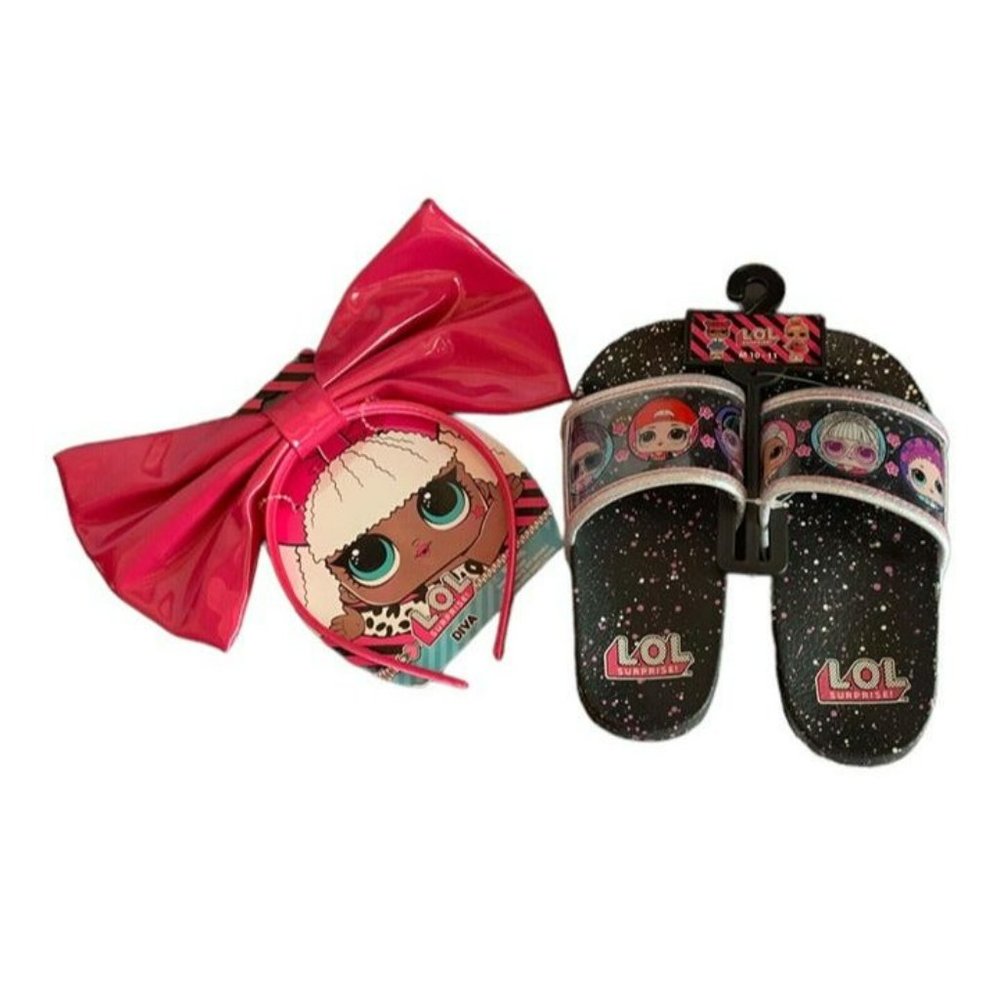 NEW Toddler Girls  LOL Surprise! Slides Sandals Shoes Sz 10-11 w bow headband